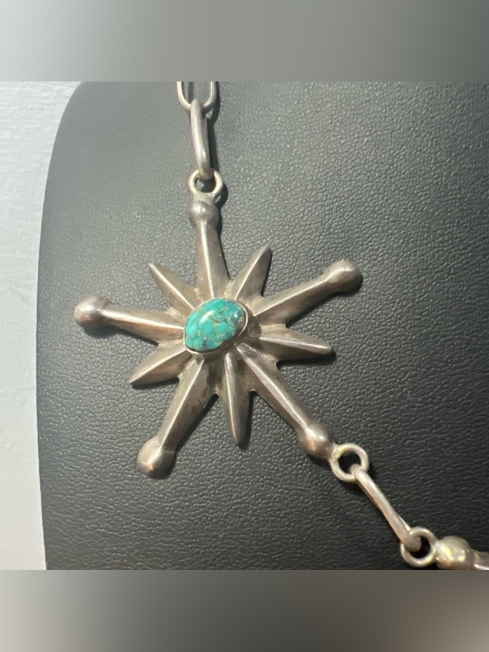 VTG c1950's Navajo Sterling Silver 3 Sand-cast Stars Bisbee Turquoise Necklace - Picture 4 of 10